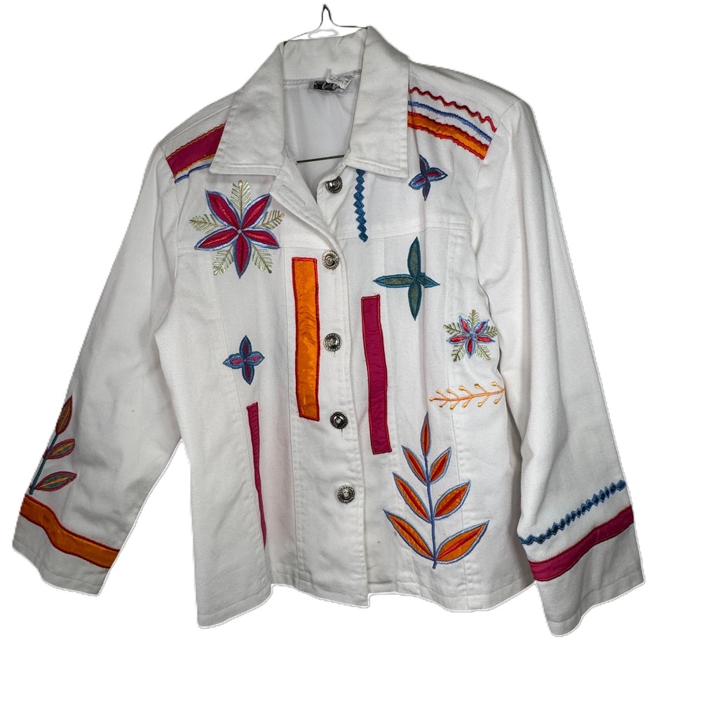 Variations White Embroidered Denim Jacket Womens Large Floral‎ Applique Buttons